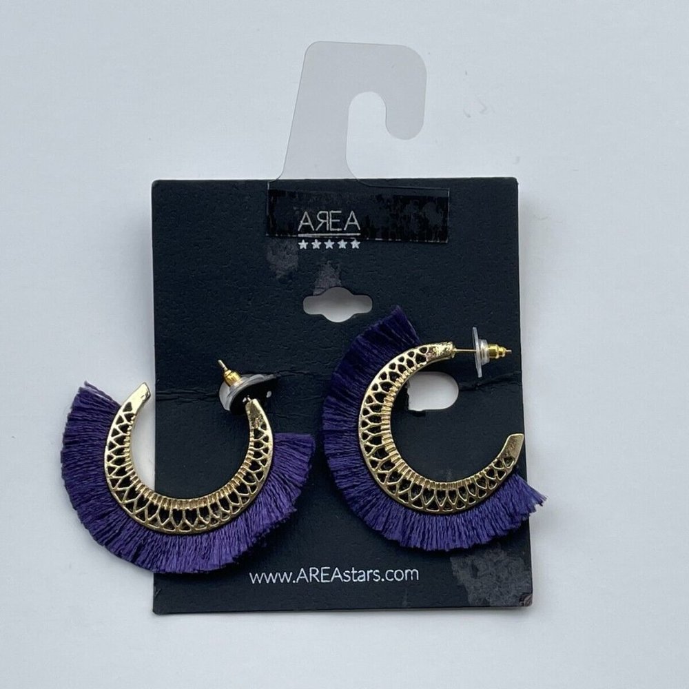 AREA Jewelry Earrings Gold Tone hoops Post Purple Fringe Fabric - Picture 3 of 12